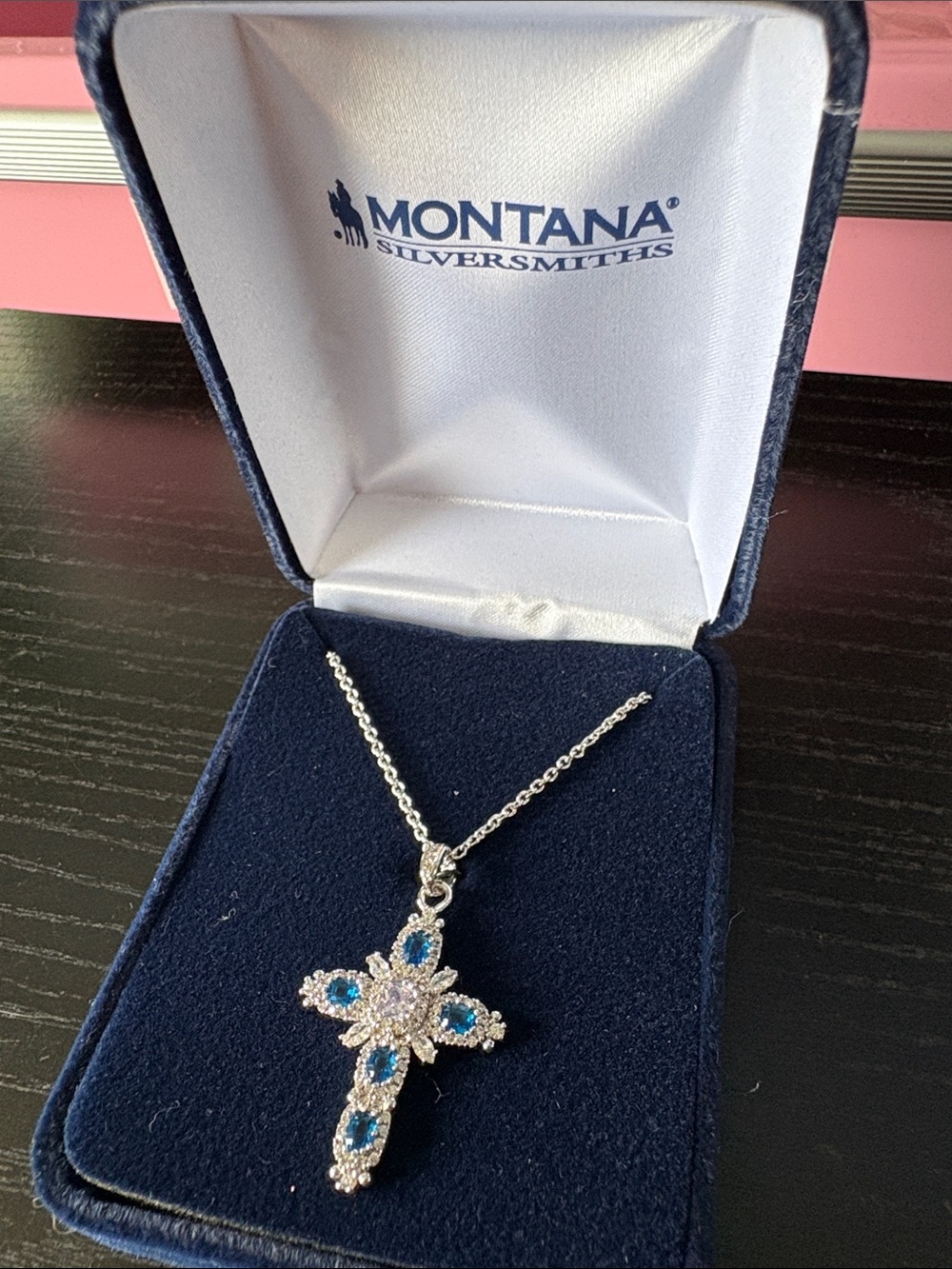 Montana Silversmiths Silver Cross Necklace with Blue Stones